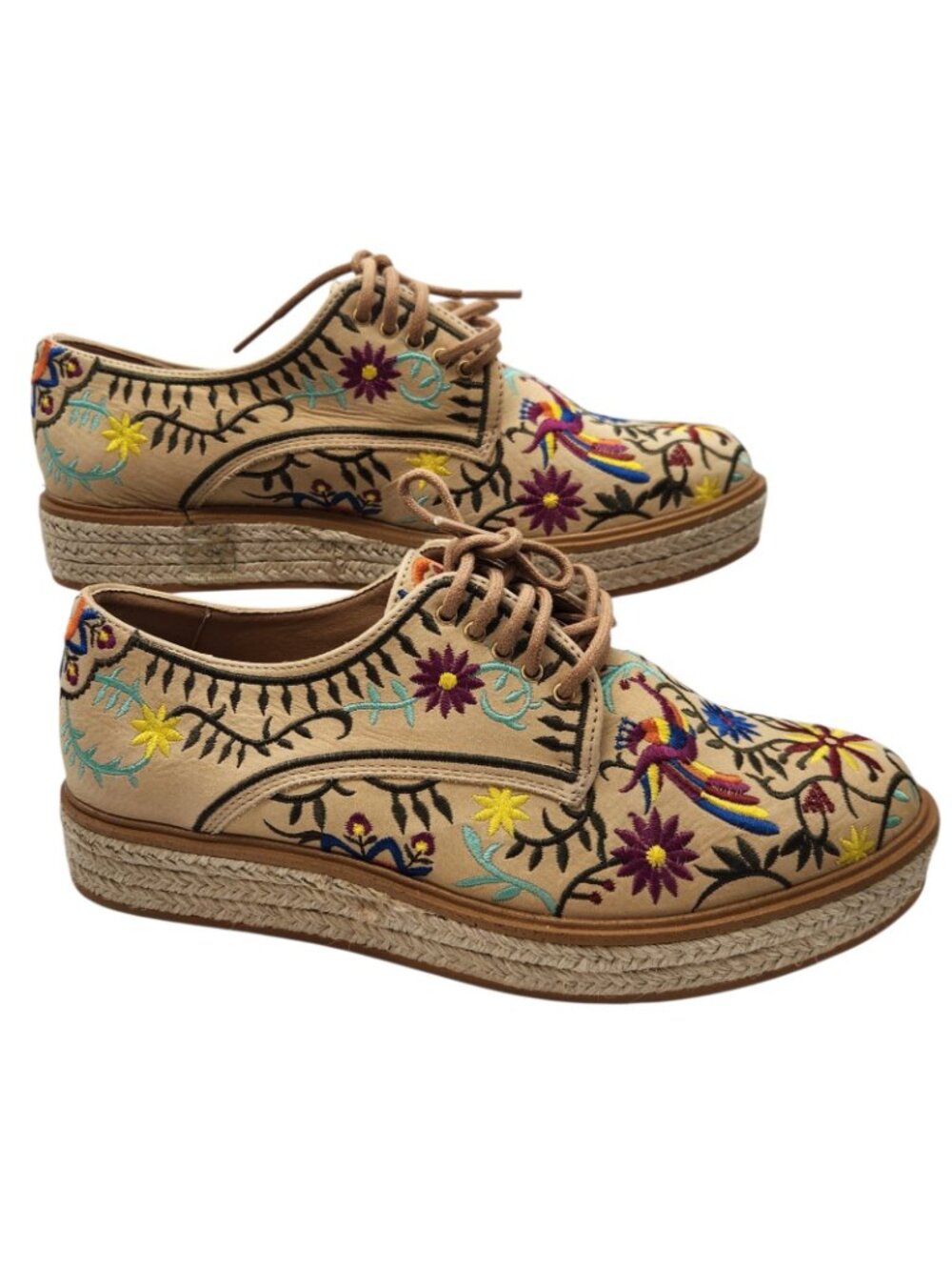 Kanna Spain Embroidered Leather Espadrilles EU 38 Bird Floral Boho Oxfords - Picture 3 of 6